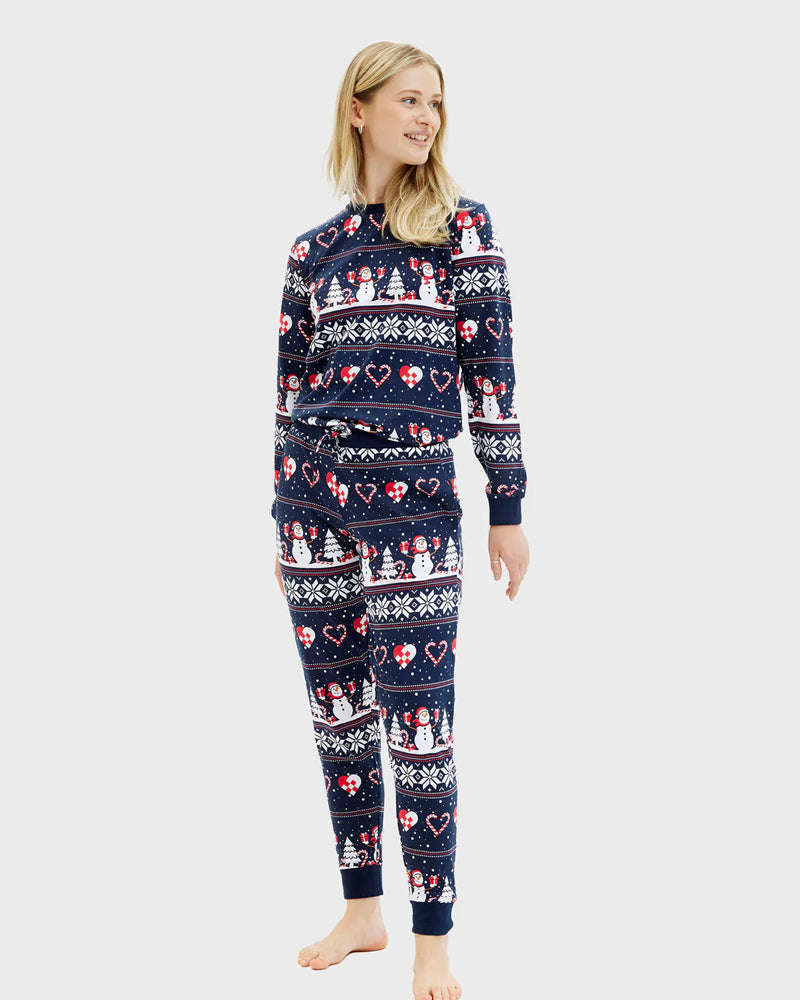 Christmas Pyjama for Women Snowmen and Hearts Blue