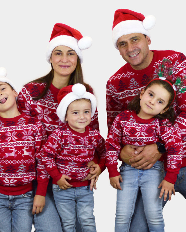 Classic Red Boys and Girls Christmas Jumper with Polar Stars Family