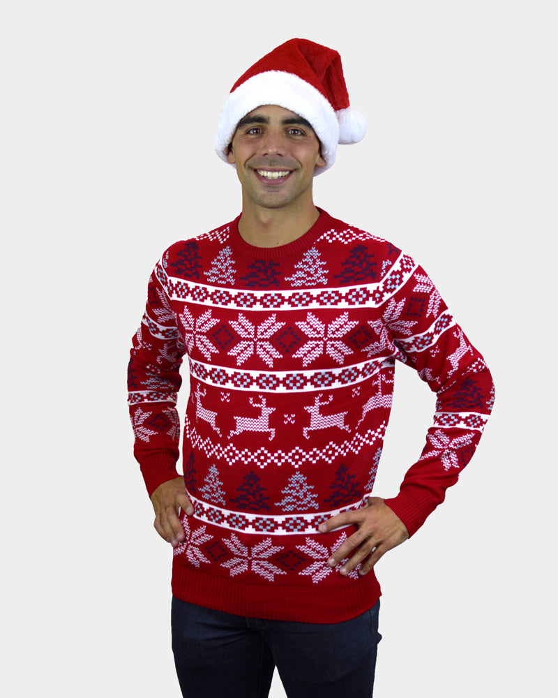 Classic Red Christmas Jumper with Polar Stars Mens