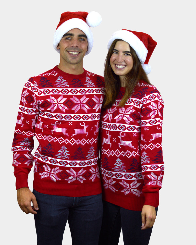 Classic Red Couple's Christmas Jumper with Polar Stars