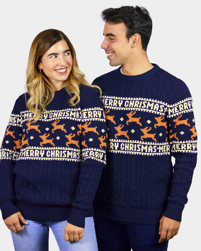 Classy Blue Organic Cotton Couple's Christmas Jumper Reindeers