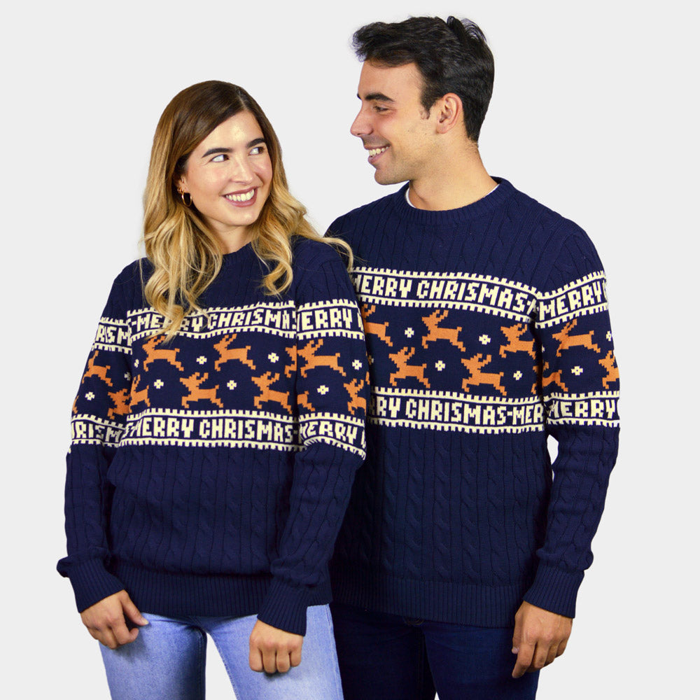 Classy Blue Organic Cotton Mens Womens Christmas Jumper Reindeers