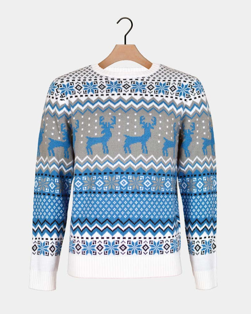 Classy White, Grey and Blue Couple's Christmas Jumper with Reindeers