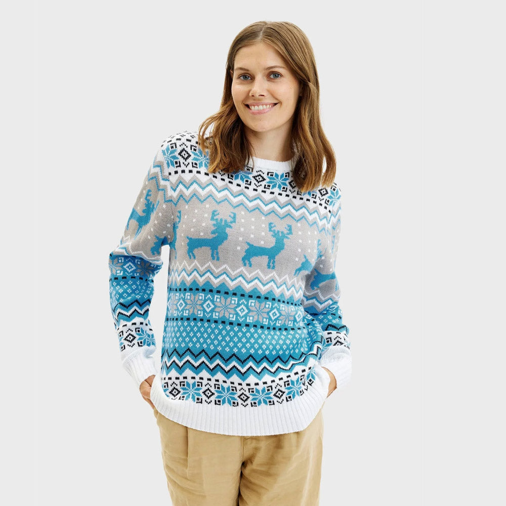 Classy White, Grey and Blue Womens Christmas Jumper Reindeers