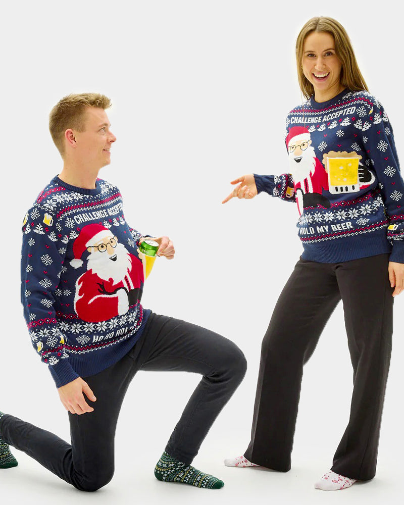 3d couple's Christmas Jumper with Beer Pocket