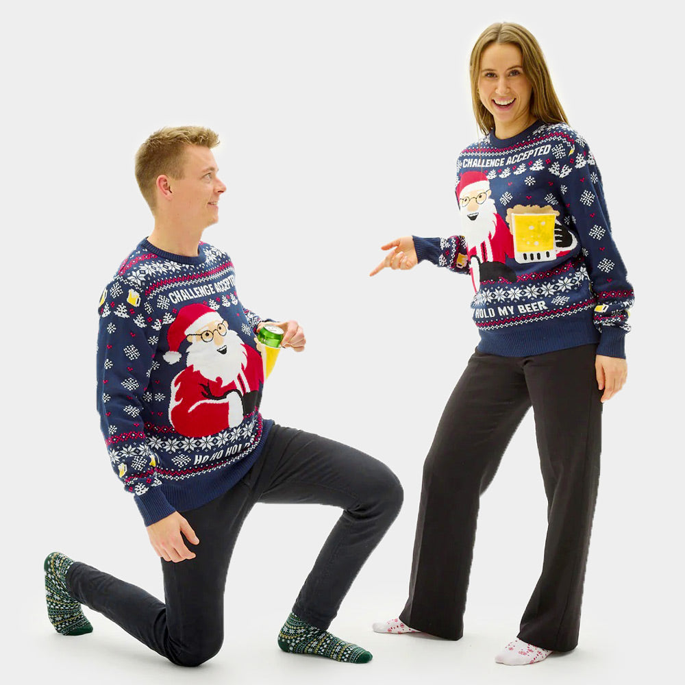 3d couple's Christmas Jumper with Beer Pocket