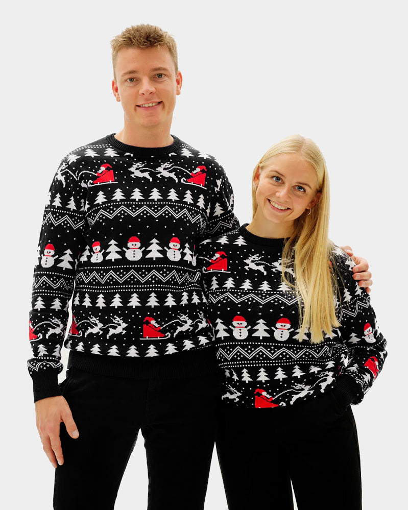Womens and Mens Black Christmas Jumper with Trees, Snowmen and Santa