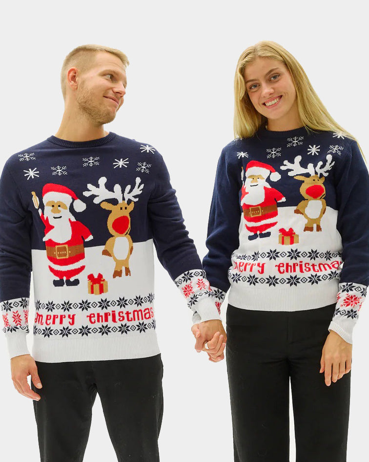 Couples Blue Boys and Girls Christmas Jumper with Santa and Rudolph