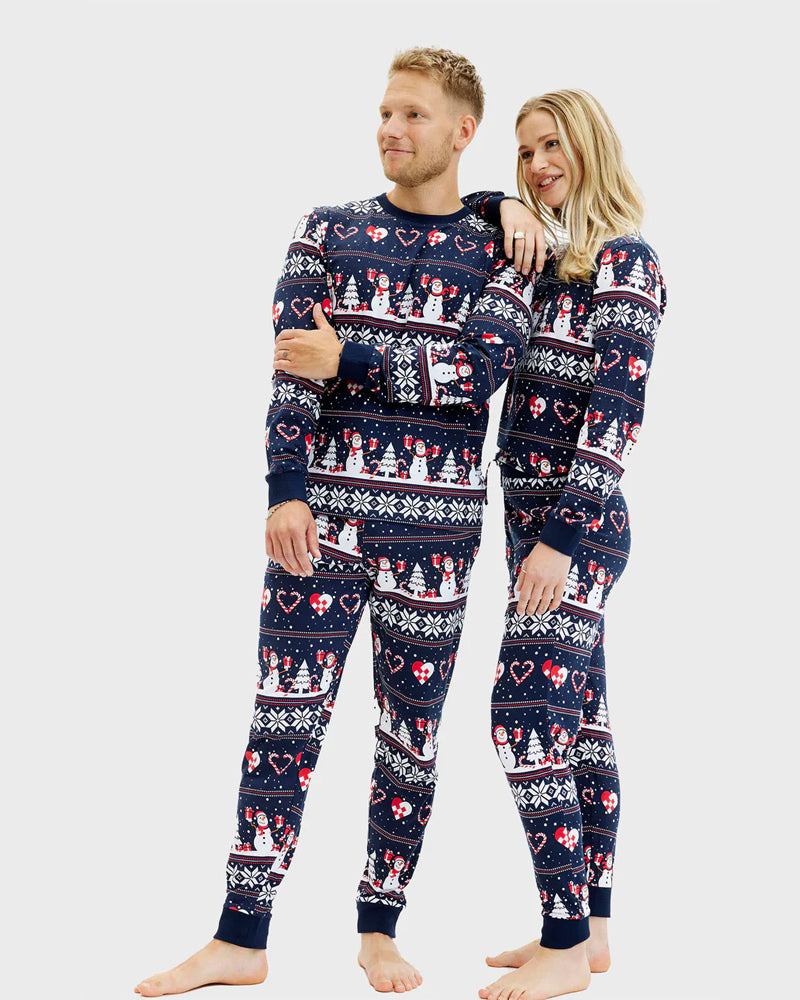 Blue Christmas Pyjama for Women and Men Snowmen and Hearts couples