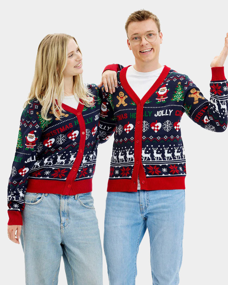 Couple's Blue and Red Cardigan Christmas Jumper