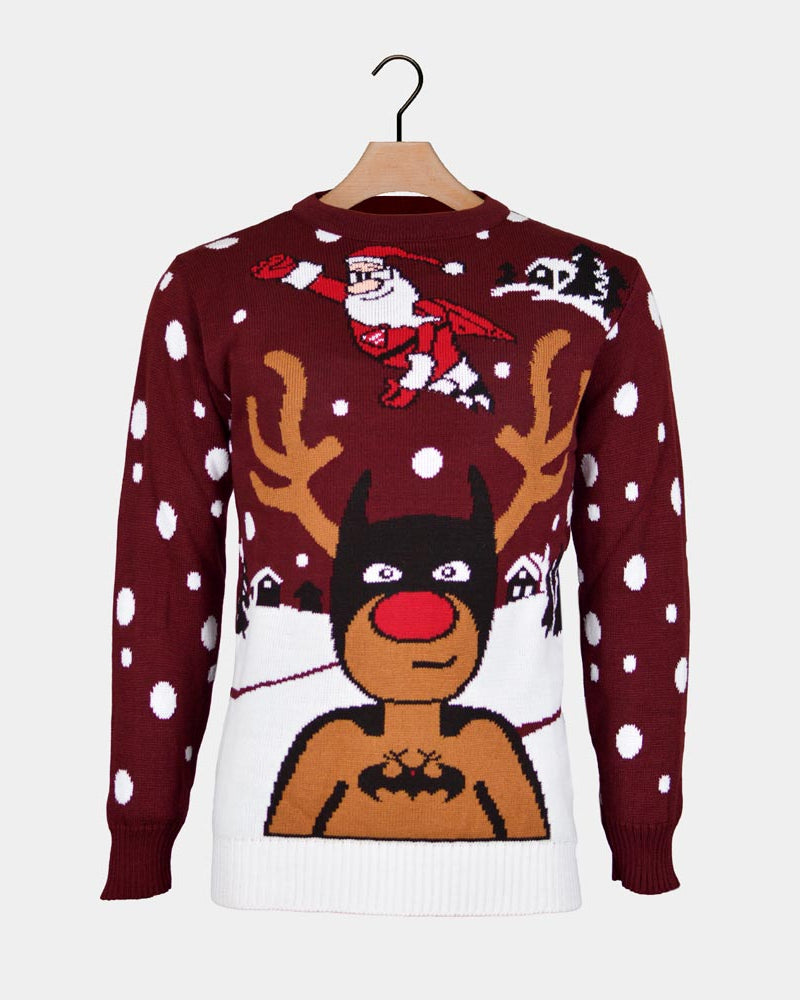 Couple's Christmas Jumper with Batman Rudolph and Superman Santa