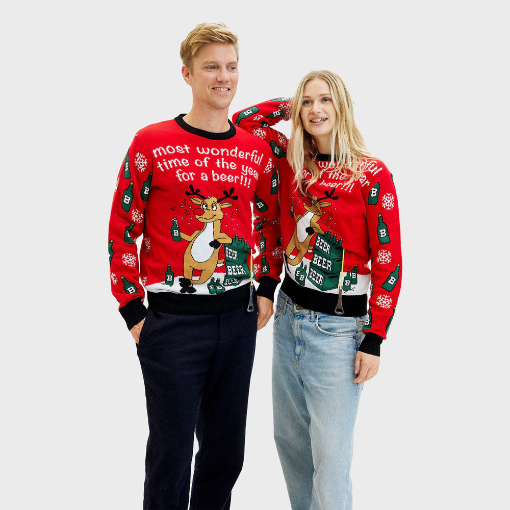 Couples Christmas Jumper with Reindeer 3D Beer Opener