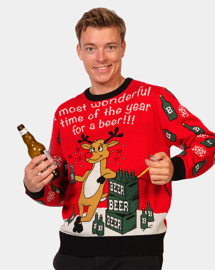 mens Couple's Christmas Jumper with Reindeer + Beer Opener