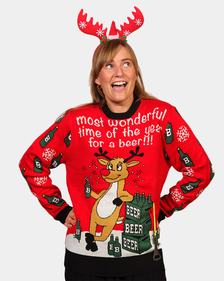 Couple's Christmas Jumper with Reindeer + Beer Opener womens