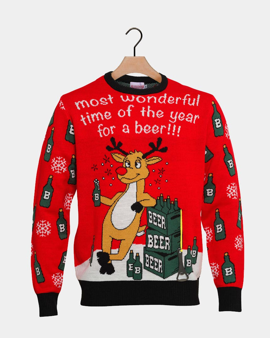 Couple's Christmas Jumper with Reindeer + Beer Opener detail