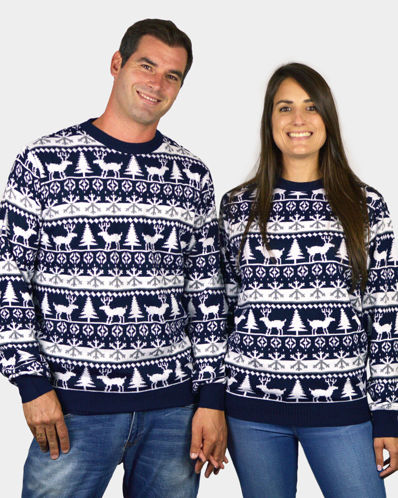Couple's Christmas Jumper with Reindeers and Trees Strips