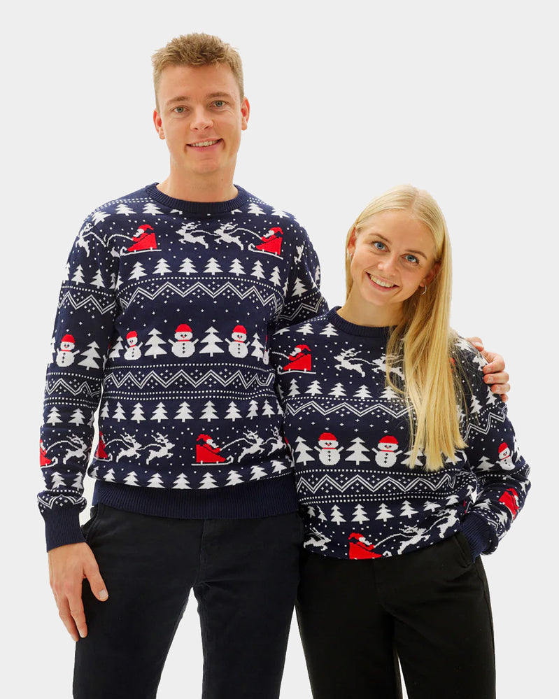Couple's Christmas Jumper with Trees, Snowmen and Santa
