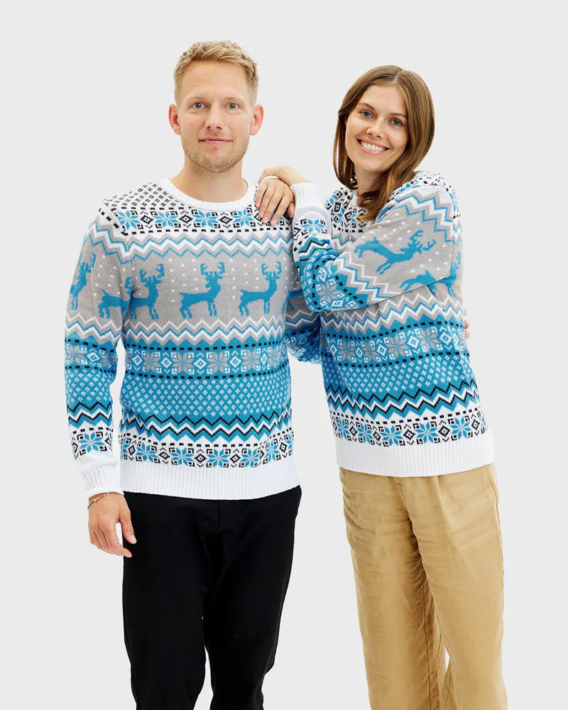 Classy White, Grey and Blue Couples Christmas Jumper Reindeers