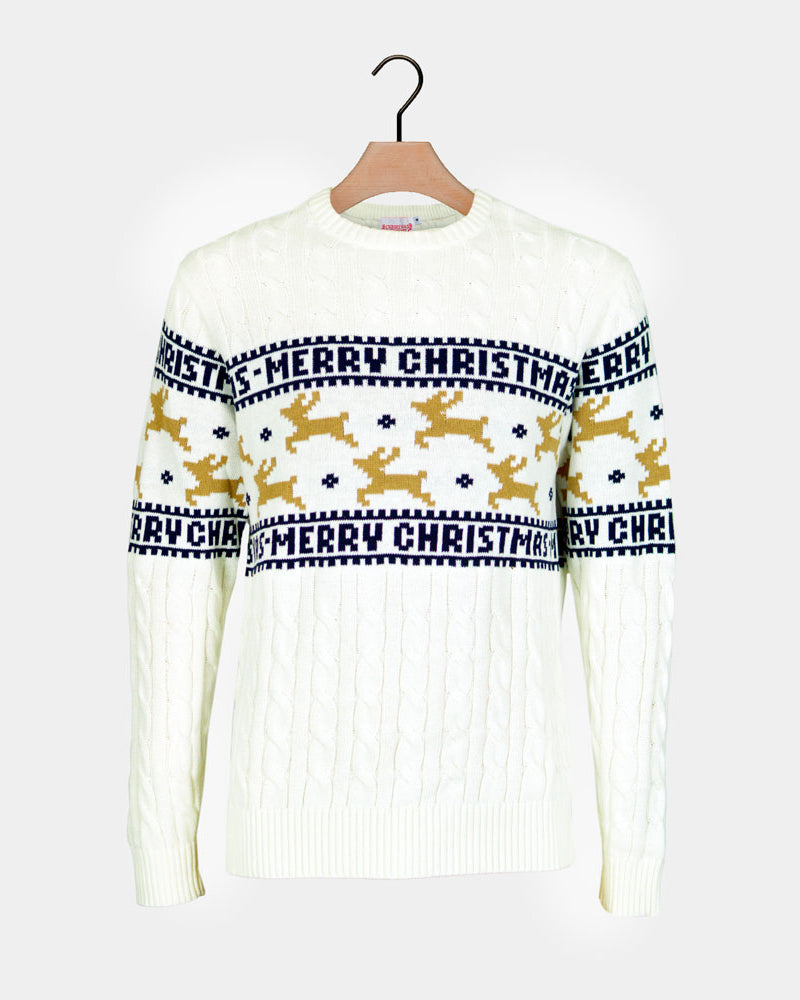 Classy White Organic Cotton Couple's Christmas Jumper Reindeers