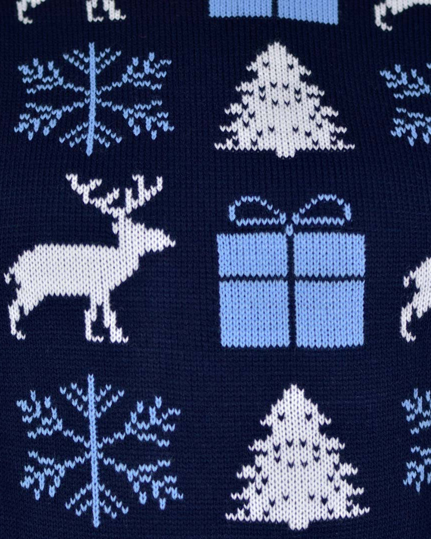 detail Blue Men's Christmas Jumper with Reindeers, Gifts and Trees