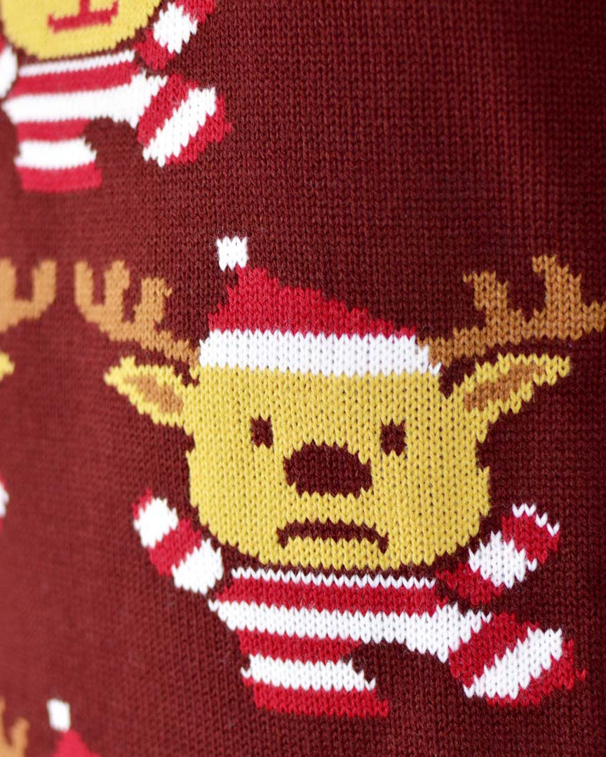 Burgundy Men's Christmas Jumper with Reindeers, Christmas Tree and Star detail