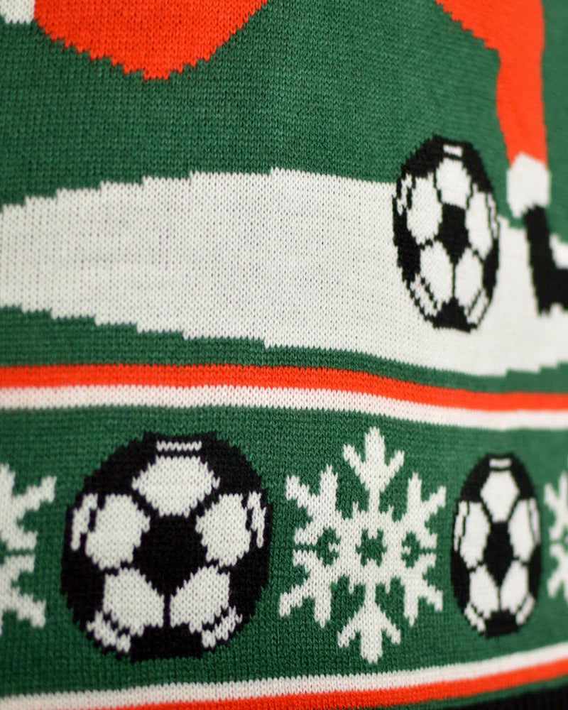 Green Couple's Christmas Jumper with Santa playing Football detail