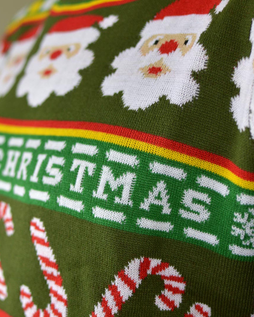 detail Family Green Christmas Jumper with Santa and Gifts