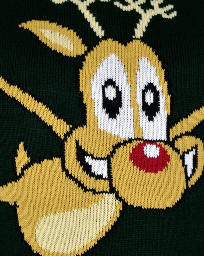detail Green Men's Christmas Jumper with skating Reindeer