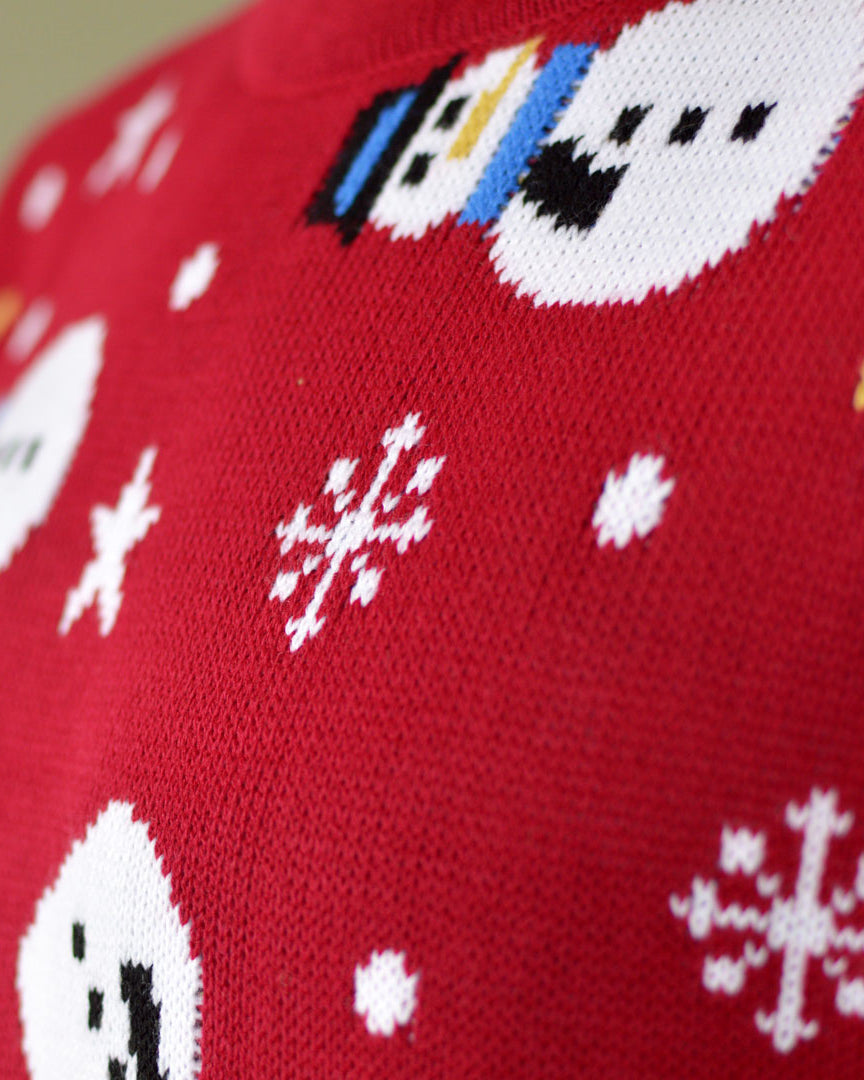 Red Couple's Christmas Jumper with Santa, Trees and Snowmens detail
