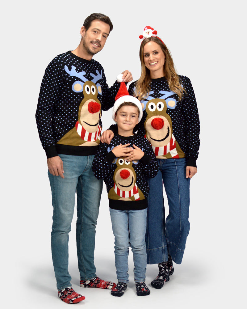 Blue 3D Boys Family Girls Christmas Jumper Reindeer with Red Nosed