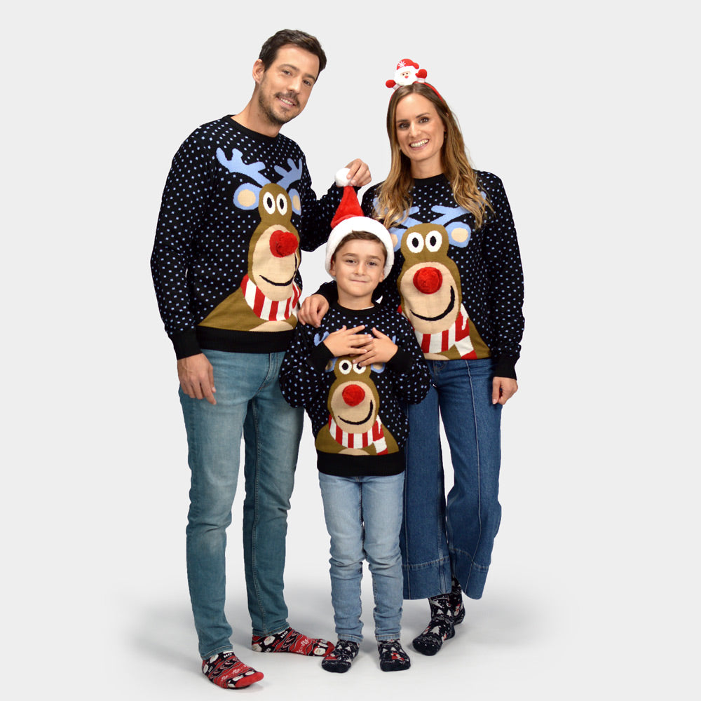 Blue 3D Boys Family Girls Christmas Jumper Reindeer with Red Nosed