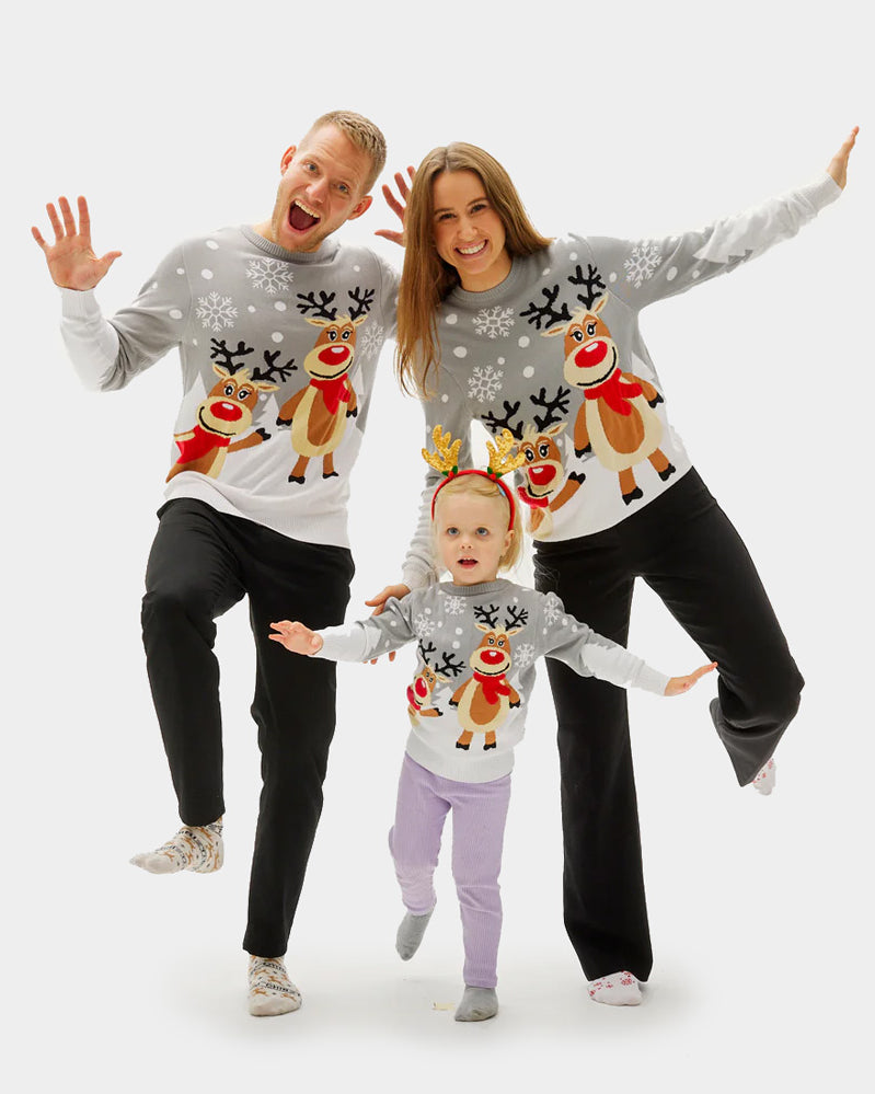 Grey Organic Cotton Boys and Girls Christmas Jumper Cute Reindeers Family