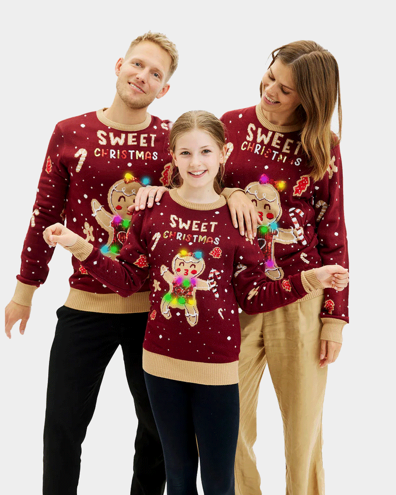 Family Red LED light-up Womens Christmas Jumper with Ginger Cookie
