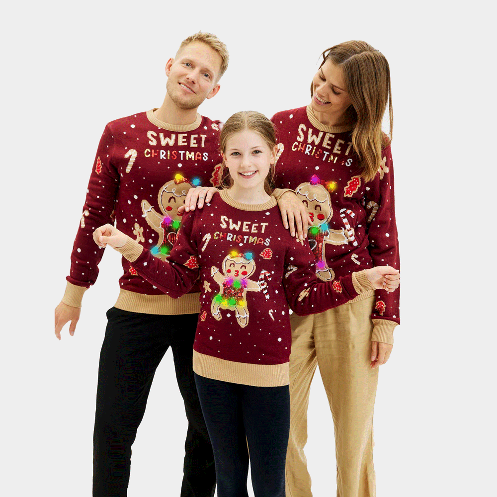 Family Red LED light-up Womens Christmas Jumper with Ginger Cookie