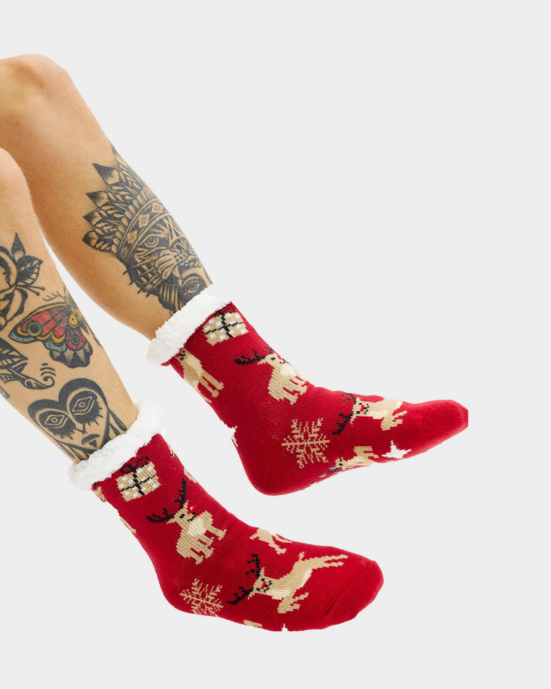 Fluffy Christmas Socks with Reindeers and Gifts