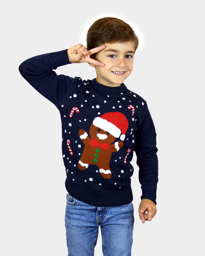 Childrens Gingerbread Family Blue Christmas Jumper