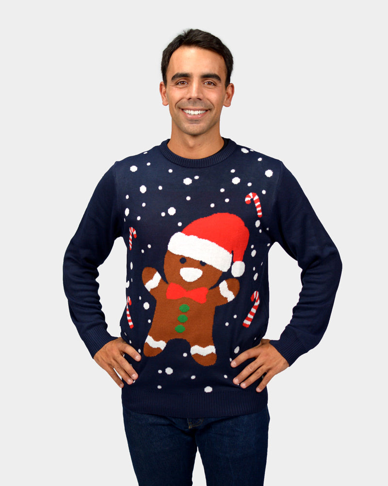 Gingerbread Family Blue Christmas Jumper Mens