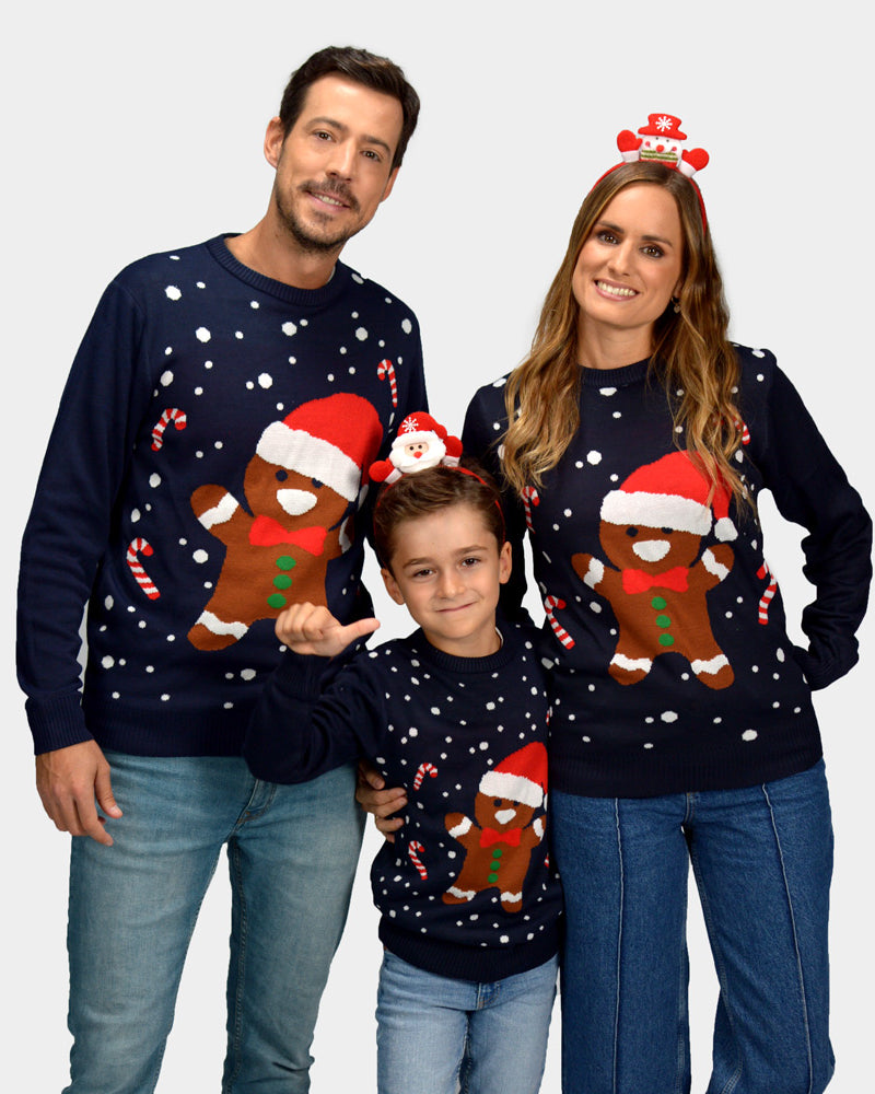 Gingerbread Family Blue Christmas Jumper