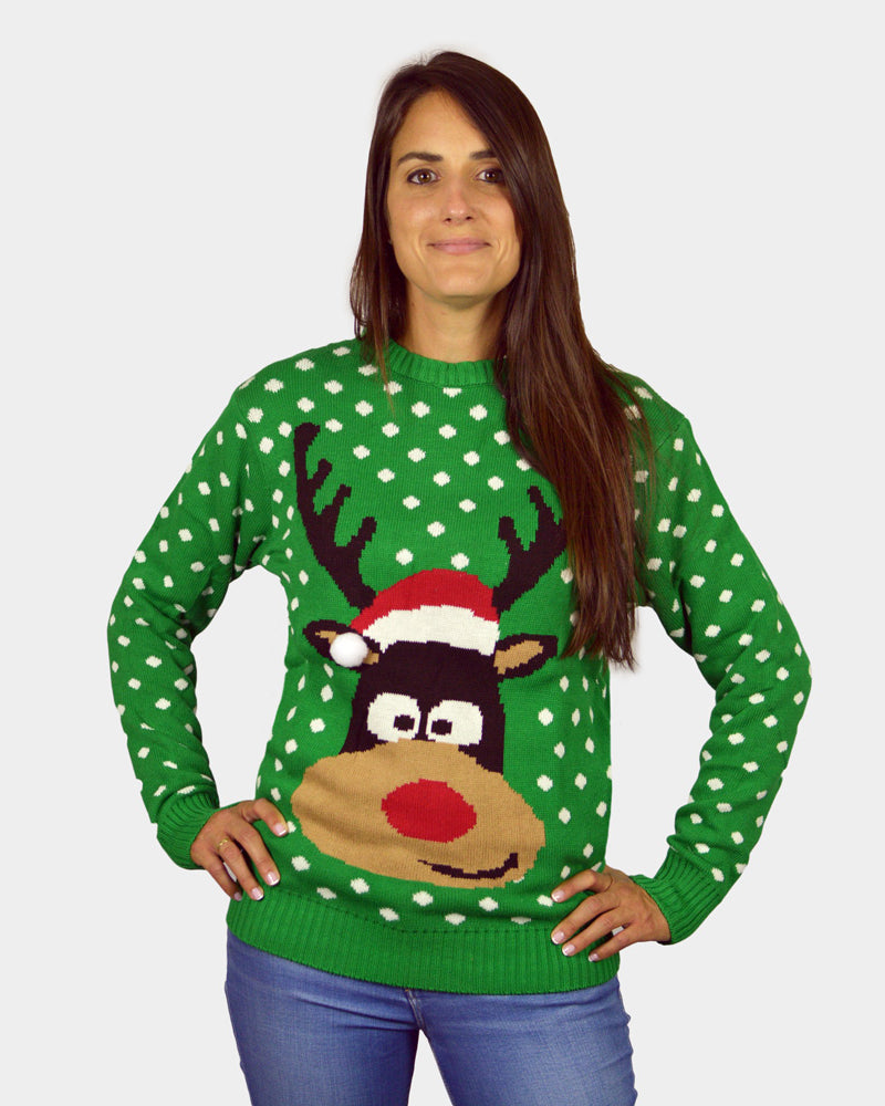 Reindeer with Santa's hat Green 3D Womens Christmas Jumper