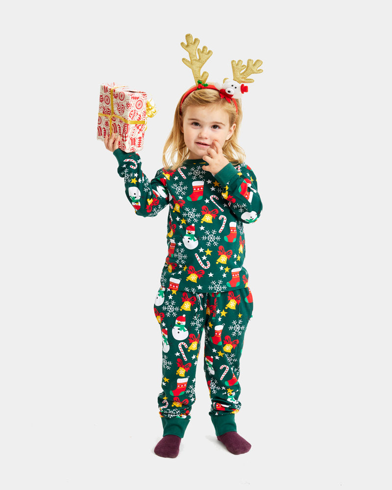 Green Christmas Pyjama for Children with Christmas motifs