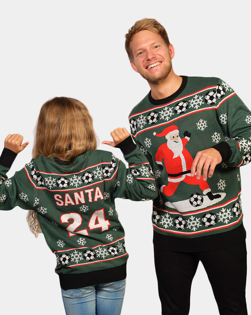 Kids Green Couple's Christmas Jumper with Santa playing Football