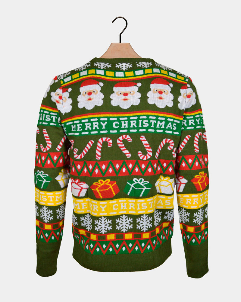 back Family Green Christmas Jumper with Santa and Gifts