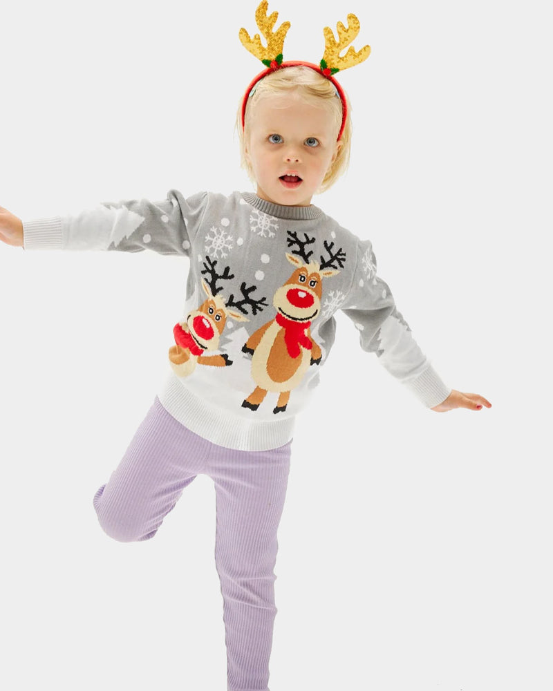 Grey Organic Cotton Boys and Girls Christmas Jumper with Cute Reindeers
