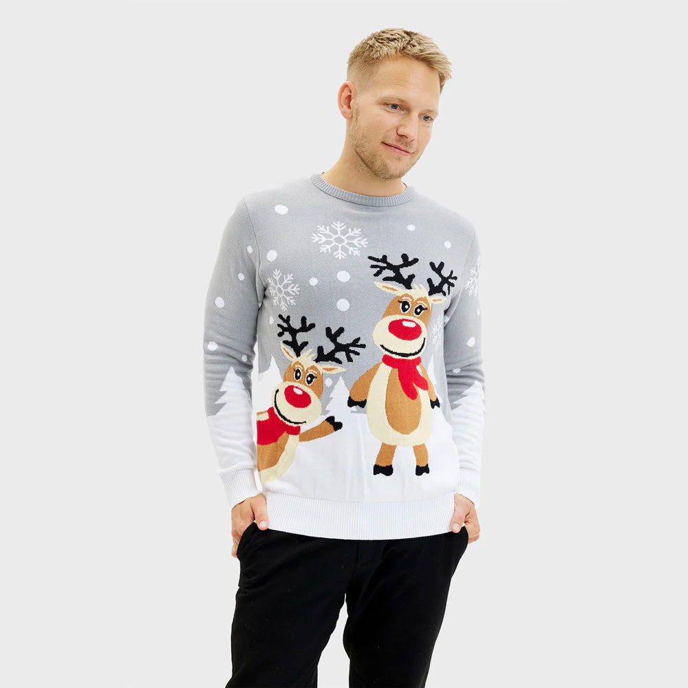 Grey Organic Cute Reindeers Cotton Mens Christmas Jumper