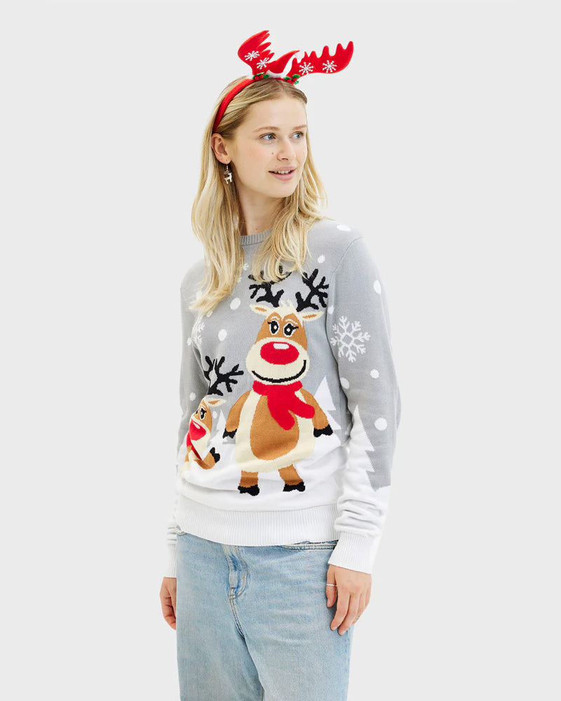 Grey Organic Cotton Womens Cute Christmas Jumper Reindeers