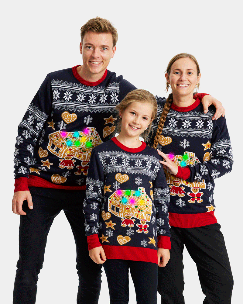 LED light-up Boys and Girls Christmas Jumper Family Gingerbread House