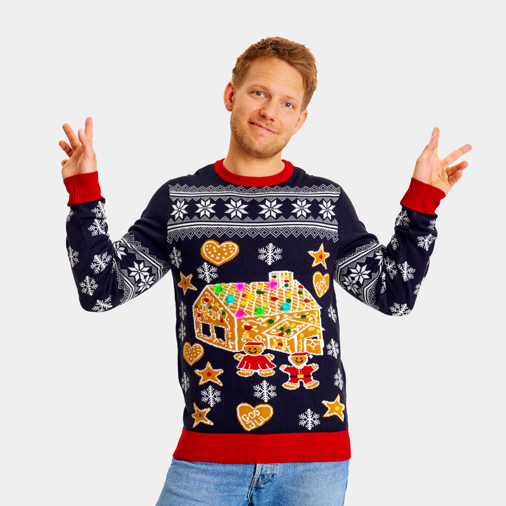LED light-up Boys and Girls Christmas Jumper Mens Gingerbread House