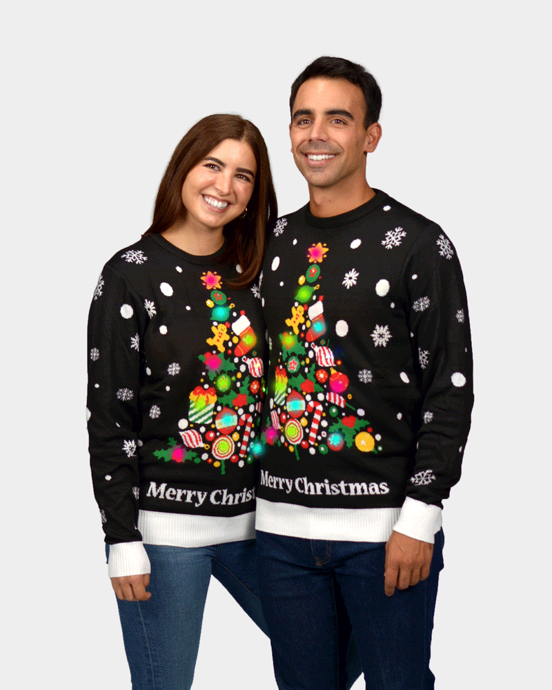 Christmas Tree LED light-up Couple's Black Christmas Jumper