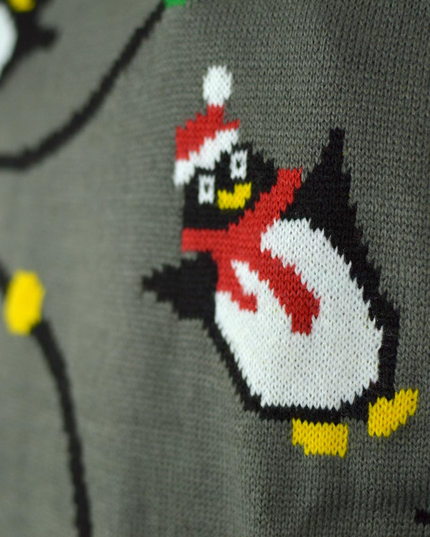 LED light-up Couple's Christmas Jumper with Penguins detail