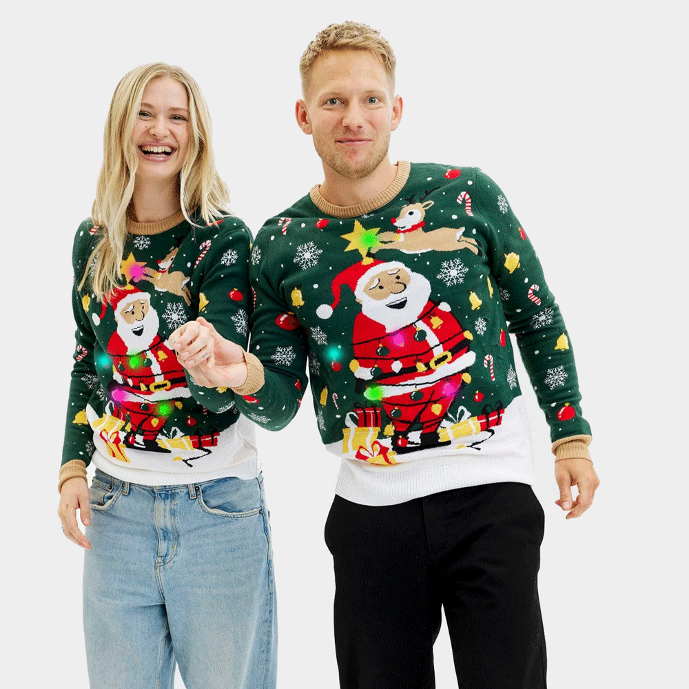 LED light-up Couples Christmas Jumper Santa Claus in a mess